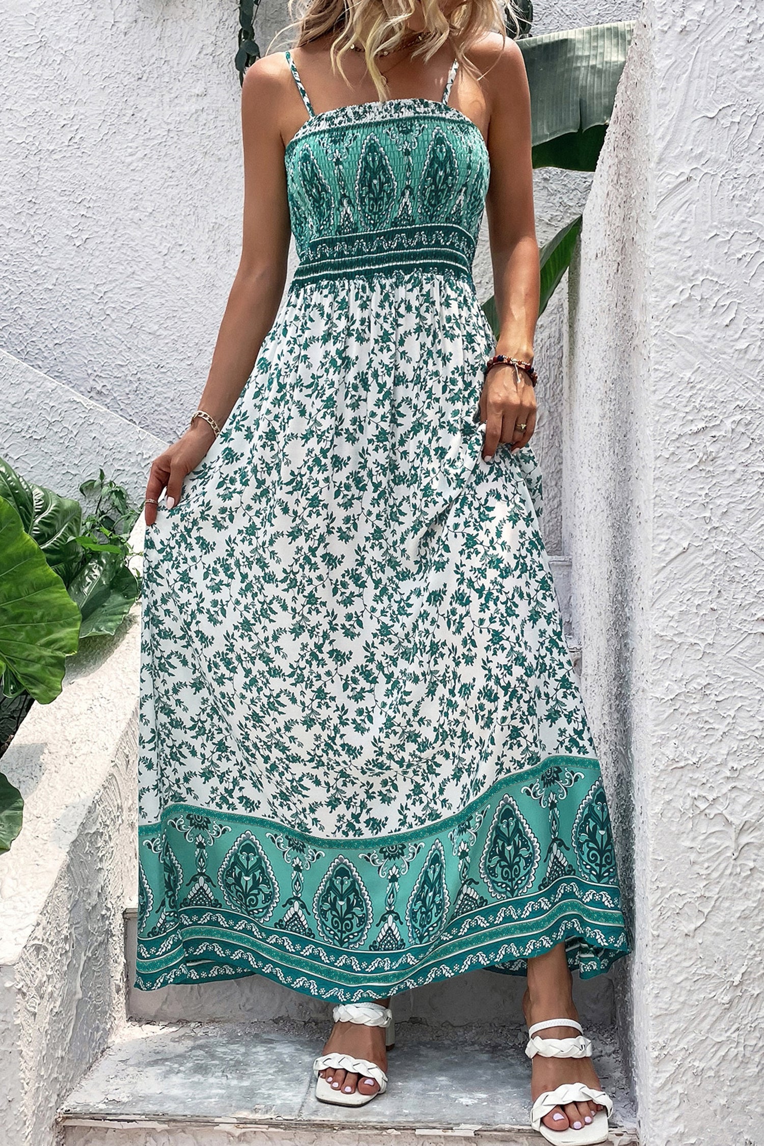 Verde Boho Floral Vestido