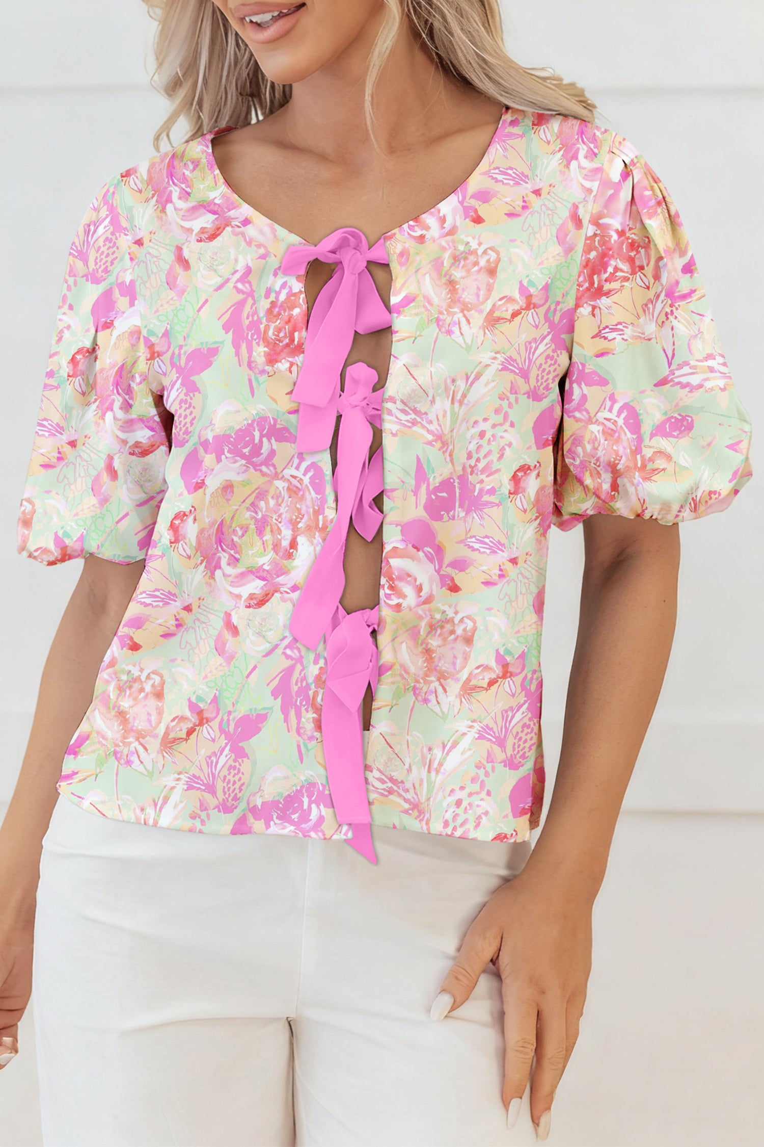 Blusa Rosa Floral Lazos