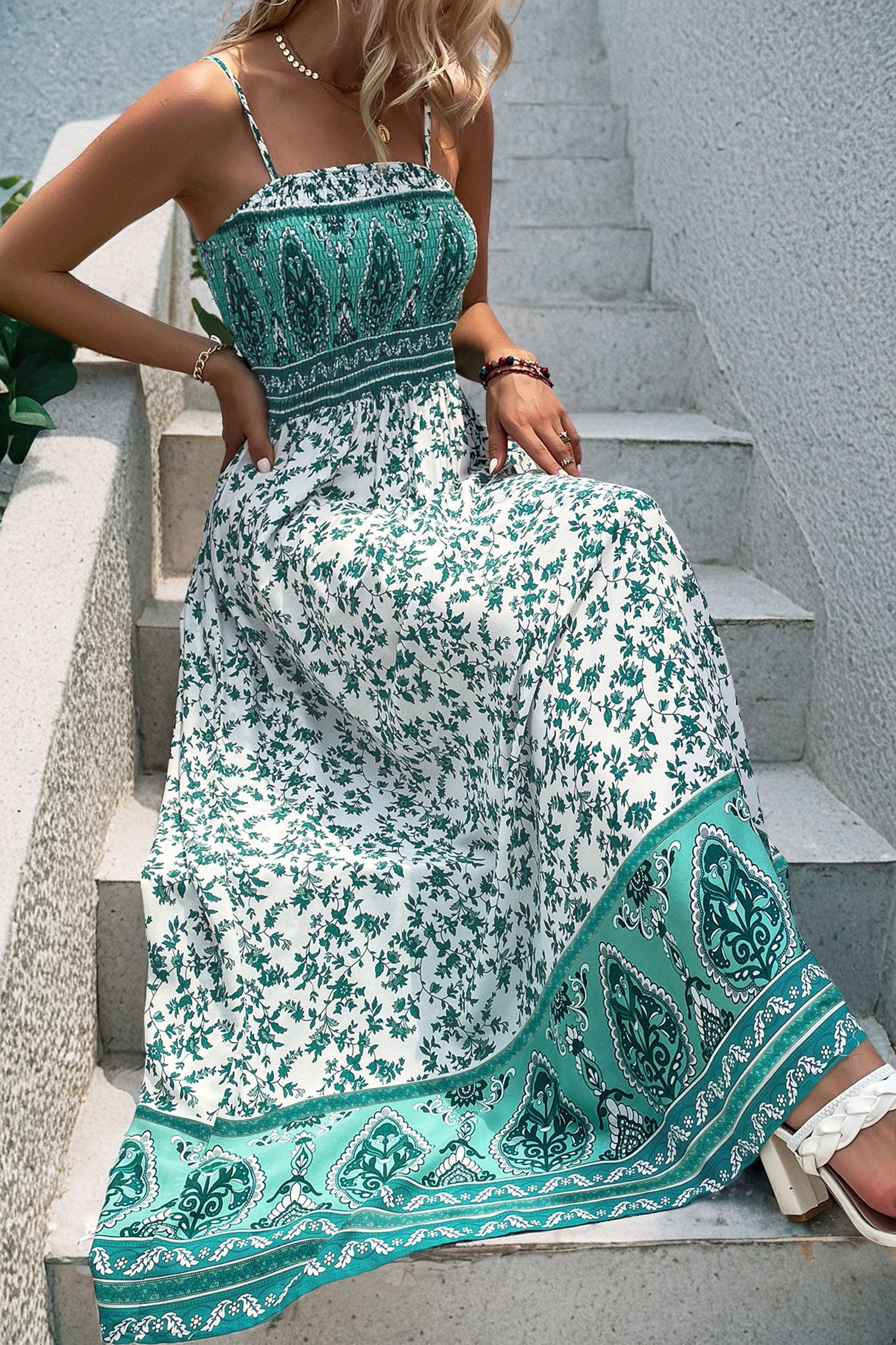 Verde Boho Floral Vestido