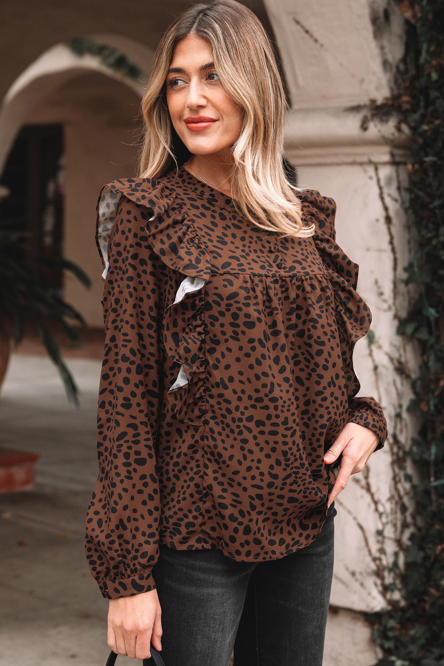 Blusa Animal Print Marron Manga Larga