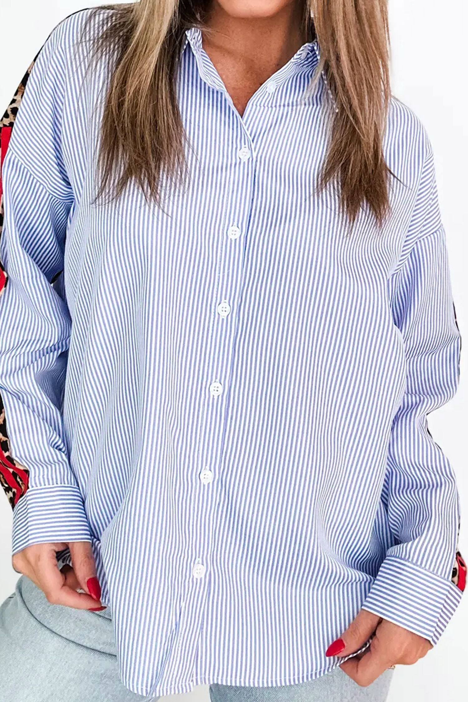 Blusa Azul Rayas Detalle Leopardo