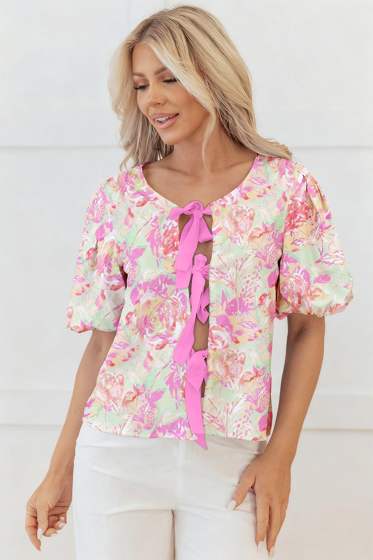 Blusa Rosa Floral Lazos